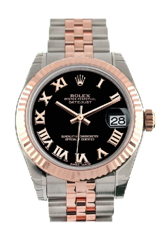 Rolex Datejust 31 Black Roman Dial Fluted Bezel 18K Rose Gold Two Tone Jubilee Ladies Watch 178271 Pre-owned-Rolex Submariner Ceramic Bezel Watch