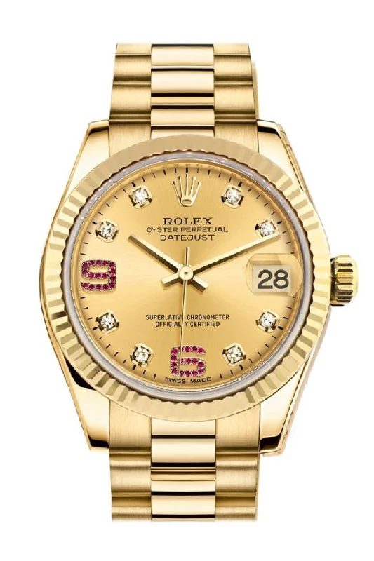 Rolex Datejust 31 Champagne Diamonds Rubies Dial Fluted Bezel 18K Yellow Gold President Ladies Watch 178278 Pre-owned-Rolex Milgauss 116400GV Z-Blue Watch