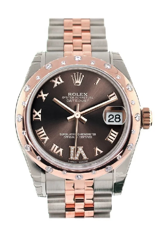 Rolex Datejust 31 Chocolate Roman Large VI Diamond Dial Diamond Bezel 18K Rose Gold Two Tone Jubilee Ladies Watch 178341 Pre-owned-Rolex Yacht-Master 40mm Everose Gold Watch