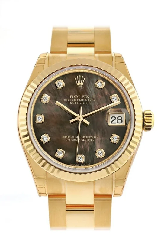 Rolex Datejust 31 Black Mother of Pearl Diamond Dial Fluted Bezel 18K Yellow Gold Ladies Watch 178278 Pre-owned-Rolex Cosmograph Daytona Watch