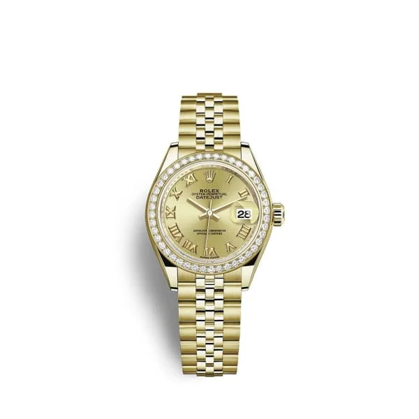 Rolex Lady-Datejust 28mm - Ref: 279138rbr-0022 - Champagne Roman Dial & Diamond Bezel, 18K Yellow Gold Jubilee Bracelet Women's Watch-Rolex Submariner Ceramic Watch