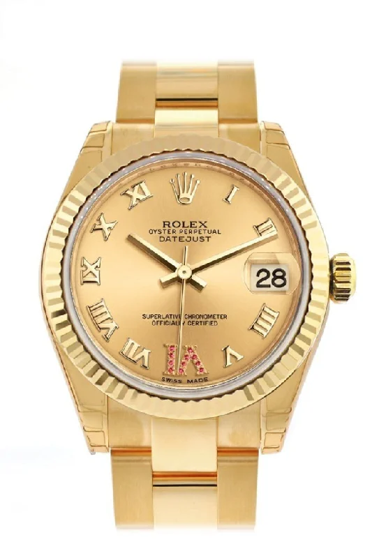 Rolex Datejust 31 Champagne Large VI Rubies Dial Fluted Bezel 18K Yellow Gold Ladies Watch 178278 Pre-owned-Rolex Daytona Men’s Chronograph Watch