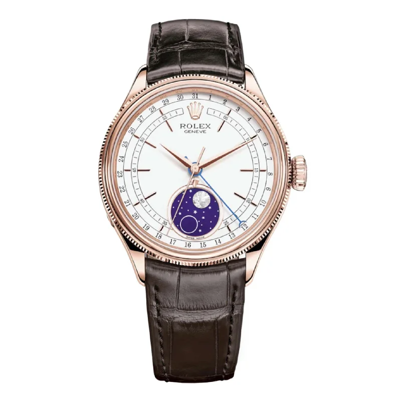 Rolex Cellini Moonphase 39mm - Ref: 50535-0002 - White Index Dial, Domed & Fluted Double Bezel, 18K Rose Gold & Tobacco Brown Leather Strap Watch-Rolex Submariner 116619LB Blue Dial Watch