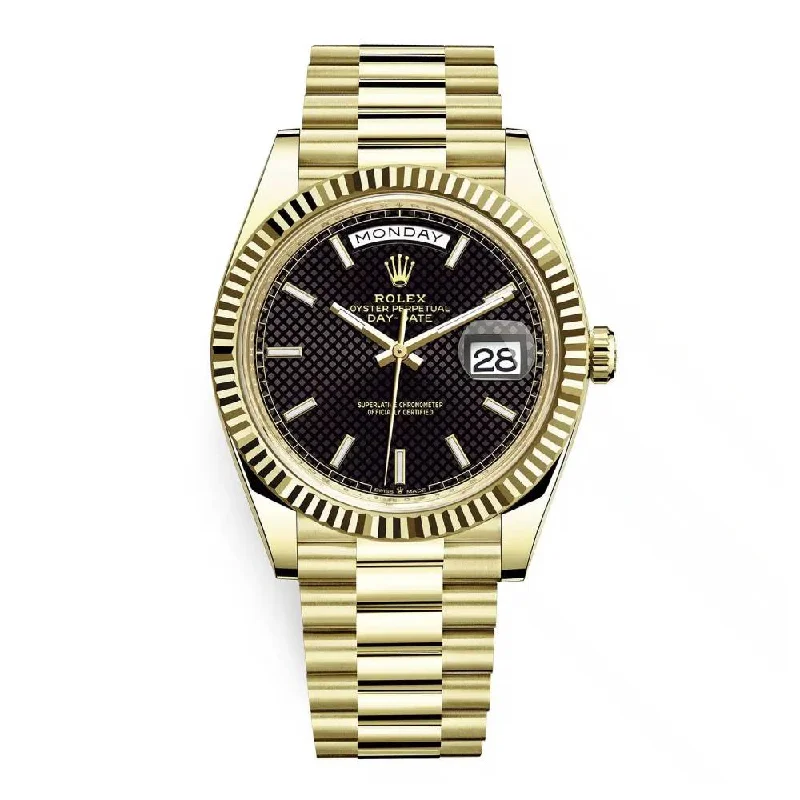 Rolex Day Date 40mm - Ref: 228238-0007 - Black Diagonal Motif Dial & Fluted Bezel, 18K Yellow Gold President Bracelet Men's Watch-Rolex Submariner 116610LV Hulk Watch