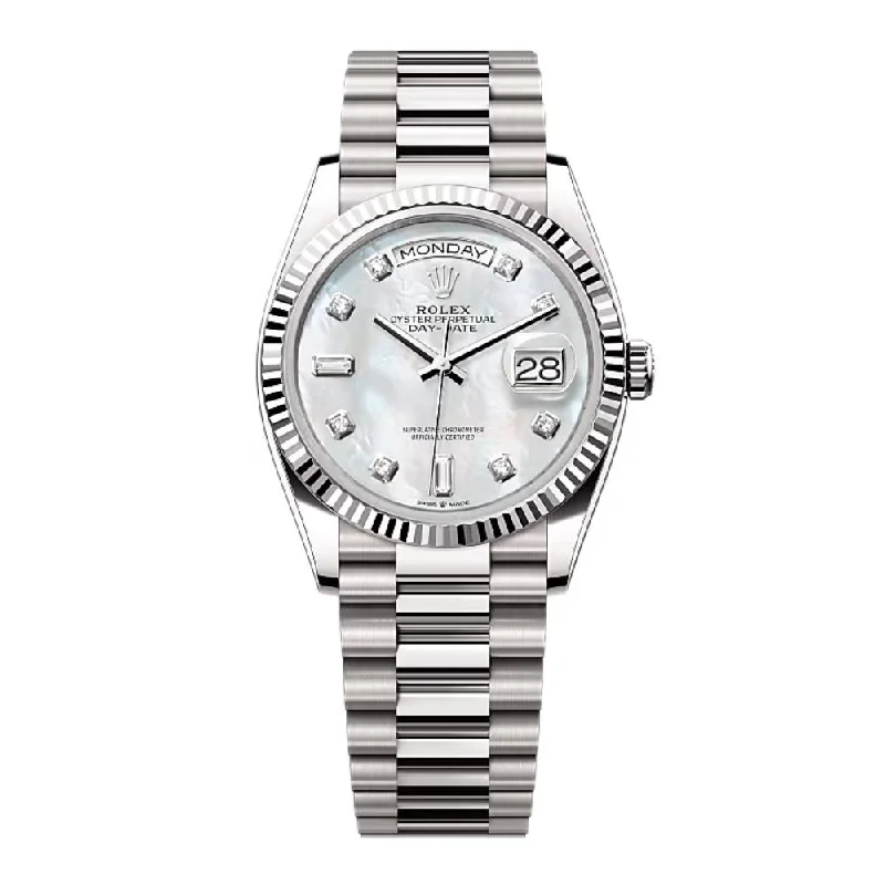 Rolex Day Date 36mm - Ref: 128239-0007 - White Mother of Pearl Diamond Dial & Fluted Bezel, 18K White Gold President Bracelet Watch-Rolex Milgauss White Dial Watch