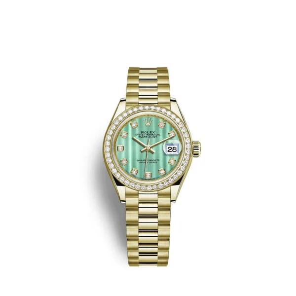 Rolex Lady Datejust 28mm - Ref: 279138rbr-0025 - Green Dial, 18K Yellow Gold President Bracelet Women's Watch-Rolex Daytona 18k Gold Watch