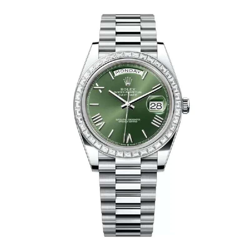 Rolex Day Date 40mm - Ref: 228396tbr-0020 - Olive Green Roman Dial & Diamond Bezel, Platinum President Bracelet Men's Watch-Rolex Datejust 41mm Blue Dial Watch