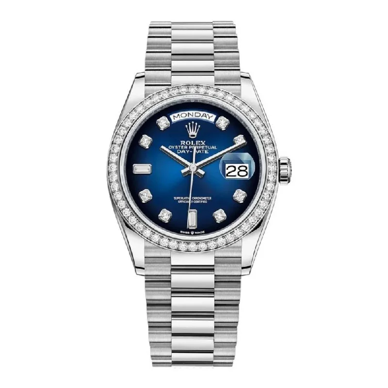 Rolex Day Date 36mm - Ref: 128349rbr-0010 - Blue Ombre Diamond Dial & Diamond Bezel, 18K White Gold President Bracelet Watch-Rolex Day-Date 40mm Blue Dial Watch