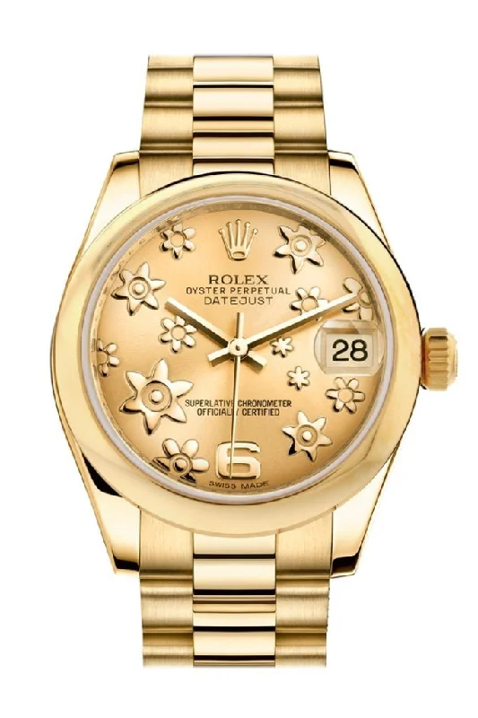 Rolex Datejust 31 Champagne Floral Motif Dial 18K Yellow Gold President Ladies Watch 178248 Pre-owned-Rolex Day-Date Rose Gold Watch