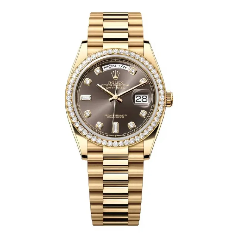 Rolex Day Date 36mm - Ref: 128348rbr-0005 - Dark Grey Diamond Dial & Diamond Bezel, 18K Yellow Gold President Bracelet Watch-Rolex GMT-Master II 126710BLRO Pepsi Dial Watch