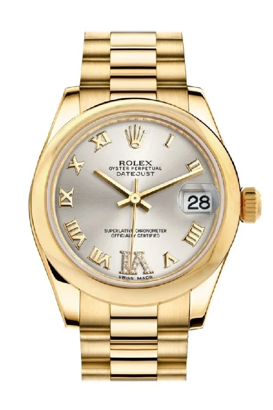 Rolex Datejust 31 Silver Large VI Rubies Dial 18K Yellow Gold President Ladies Watch 178248 Pre-owned-Rolex Oyster Perpetual 41mm Watch