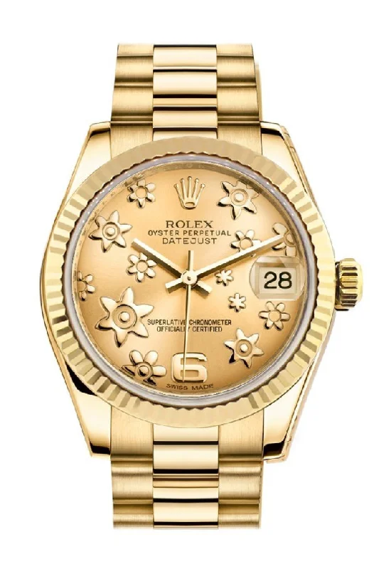 Rolex Datejust 31 Champagne Floral Motif Dial Fluted Bezel 18K Yellow Gold President Ladies Watch 178278 Pre-owned-Rolex Day-Date 36mm Green Dial Watch