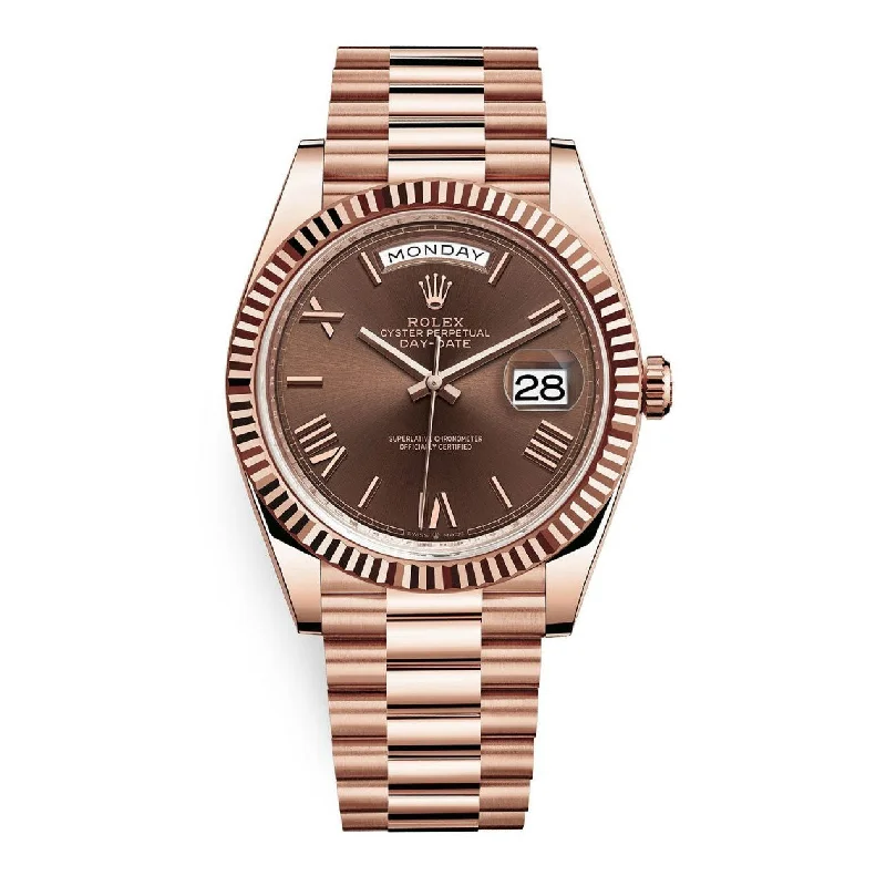 Rolex Day Date 40mm - Ref: 228235-0002 - Chocolate Roman Dial & Fluted Bezel, 18K Rose Gold President Bracelet Men's Watch-Rolex Yacht-Master 40mm Blue Dial Watch