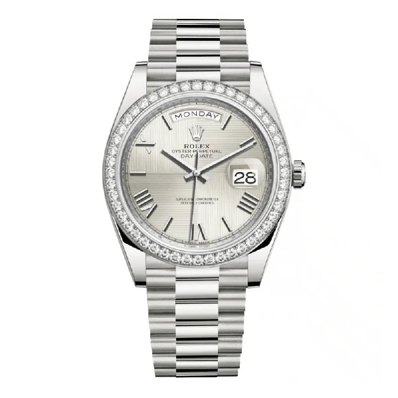 Rolex Day Date 40mm - Ref: 228349rbr-0004 - Silver Quadrant Motif Roman Dial & Diamond Bezel, 18K White Gold President Bracelet Men's Watch-Rolex Submariner Date Watch