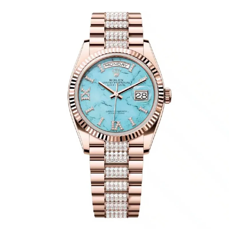 Rolex Day Date 36mm - Ref: 128235 - Tiffany Blue Turquoise Diamond Dial & Fluted Bezel, 18K Rose Gold & Diamonds President Bracelet Watch-Rolex Daytona 116520 Watch