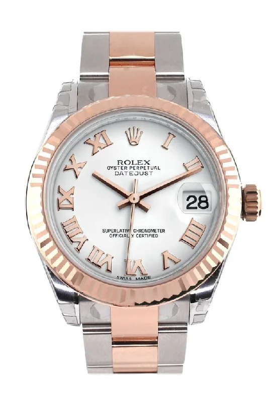 Rolex Datejust 31 White Roman Dial Fluted Bezel 18K Rose Gold Two Tone Ladies Watch 178271 Pre-owned-Rolex Day-Date Rose Gold Watch