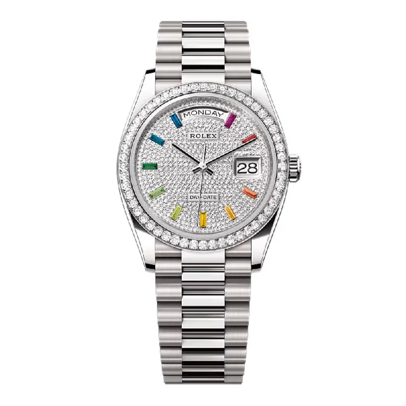 Rolex Day Date 36mm - Ref: 128349rbr-0006 - Pave Rainbow Diamond Dial & Diamond Bezel, 18K White Gold President Bracelet Watch-Rolex Day-Date President Watch