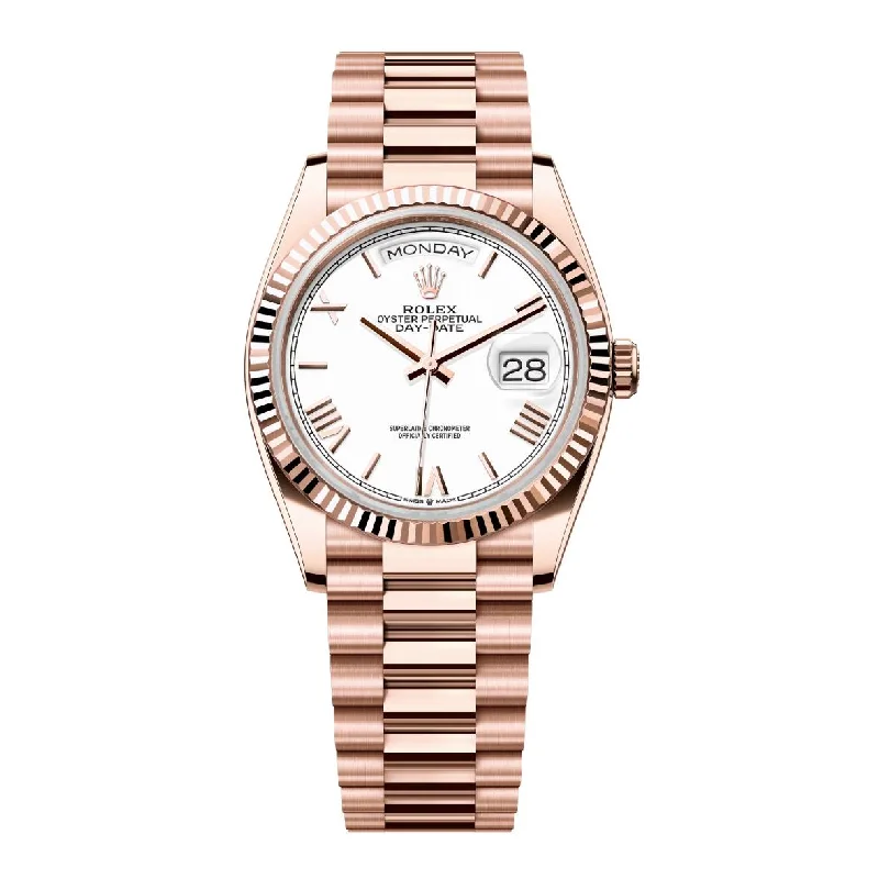 2024 Release Rolex Day-Date 36 mm | 18k Everose gold President bracelet | White dial Fluted bezel | Men's Watch 128235-Rolex Explorer Men’s Watch