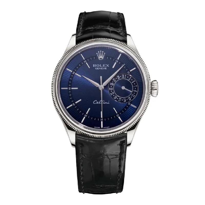 Rolex Cellini Date 39mm - Ref: 50519-0013  - Blue Guilloche Index Dial, Domed & Fluted Double Bezel, 18K White Gold & Black Leather Strap Watch-Rolex GMT-Master II 126710BLNR Batman Watch