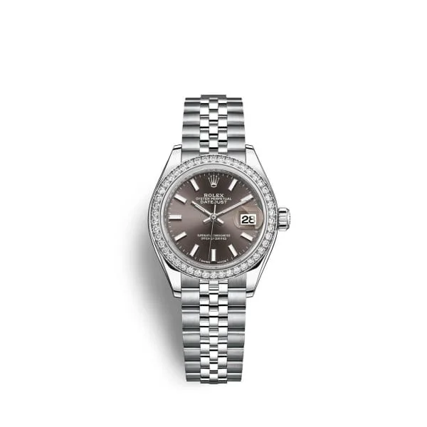 Rolex Lady-Datejust 28mm - Ref: 279384rbr-0013 - Dark Grey Stick Dial & Diamond Bezel, Stainless Steel Jubilee Bracelet Women's Watch-Rolex Submariner Ceramic Watch