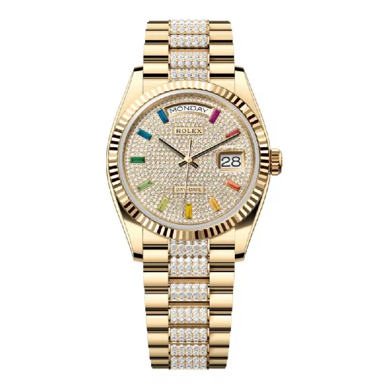 Rolex Day Date 36mm - Ref: 128238-0052 - Pave Rainbow Diamond Dial & Fluted Bezel, 18K Yellow Gold & Diamonds President Bracelet Watch-Rolex Day-Date 40mm Yellow Gold Watch