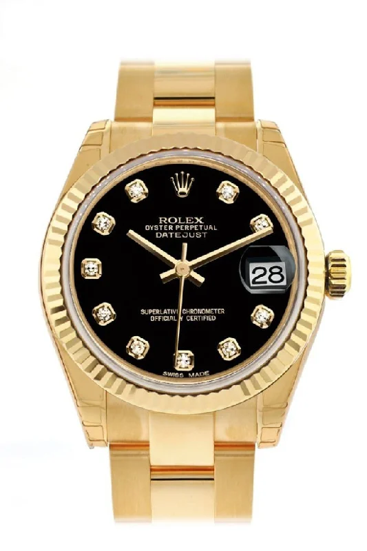 Rolex Datejust 31 Black Diamond Dial Fluted Bezel 18K Yellow Gold Ladies Watch 178278 Pre-owned-Rolex Milgauss Men’s Watch