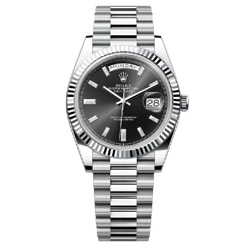 Rolex Day Date 40mm - Ref: 228236-0004 -  Black Diamond Dial & Fluted Bezel, Platinum President Bracelet Men's Watch-Rolex Milgauss 116400GV Watch