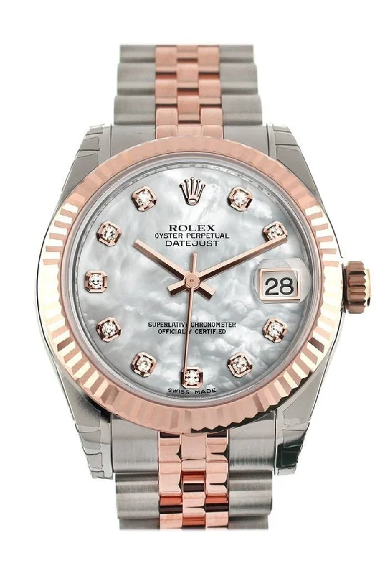 Rolex Datejust 31 White Mother of Pearl Diamond Dial Fluted Bezel 18K Rose Gold Two Tone Jubilee Ladies Watch 178271 Pre-owned-Rolex Daytona Stainless Steel Watch