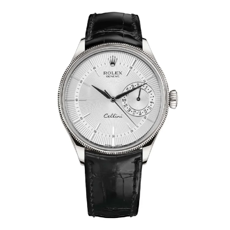 Rolex Cellini Date 39mm - Ref: 50519-0006 - Silver Guilloche Index Dial, Domed & Fluted Double Bezel, 18K White Gold & Black Leather Strap Watch-Rolex Submariner 116610LV Hulk Watch