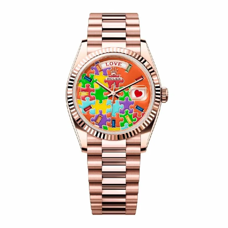 Rolex Day Date 36mm - Ref: 128235-0063 - Puzzle Emoji Jigsaw Motif Dial & Fluted Bezel, 18K Rose Gold President Bracelet Watch-Rolex GMT-Master II Root Beer Watch