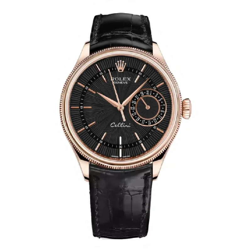 Rolex Cellini Date 39mm - Ref: 50515-0011 - Black Guilloche Index Dial, Domed & Fluted Double Bezel, 18K Rose Gold & Black Leather Strap Watch-Rolex Daytona 116528 Watch