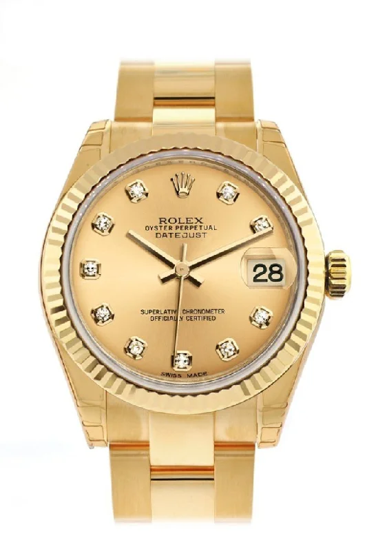 Rolex Datejust 31 Champagne Diamond Dial Fluted Bezel 18K Yellow Gold Ladies Watch 178278 Pre-owned-Rolex Datejust 41mm Watch