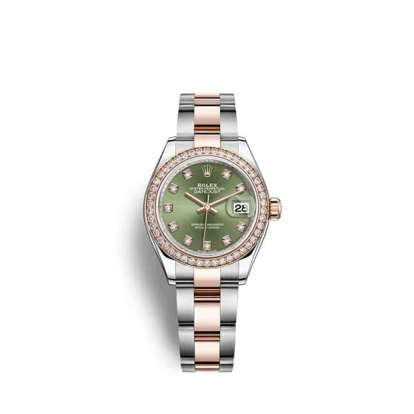 Rolex Lady-Datejust 28mm - Ref: 279381rbr-0008 - Olive Green Diamond Dial & Diamond Bezel, Two Tone Stainless Steel & 18K Rose Gold Oyster Bracelet Women's Watch-Rolex Datejust Jubilee Bracelet Watch