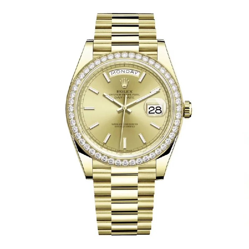 Rolex Day Date 40mm - Ref: 228348rbr-0008 - Champagne Stick Dial & Diamond Bezel, 18K Yellow Gold President Bracelet Men's Watch-Rolex Datejust 41mm Steel Watch