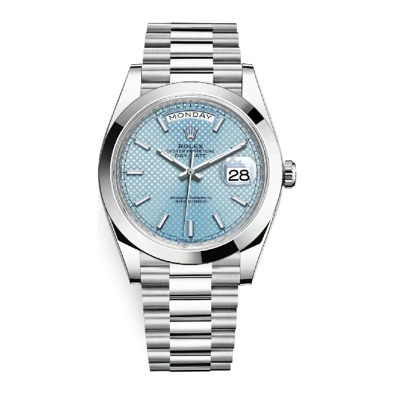 Rolex Day Date 40mm - Ref: 228206-0004 - Ice Blue Diagonal Motif Stick Dial, Platinum President Bracelet Men's Watch-Rolex Explorer 42mm Polar Dial Watch