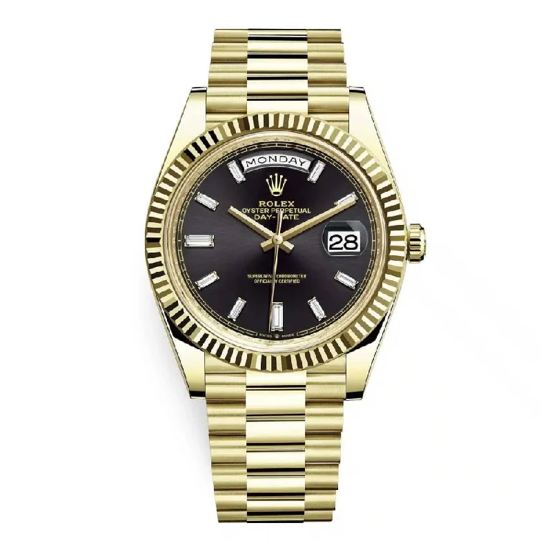 Rolex Day Date 40mm - Ref: 228238-0004 - Black Diamond Dial & Fluted Bezel, 18K Yellow Gold President Bracelet Men's Watch-Rolex Datejust Jubilee Bracelet Watch