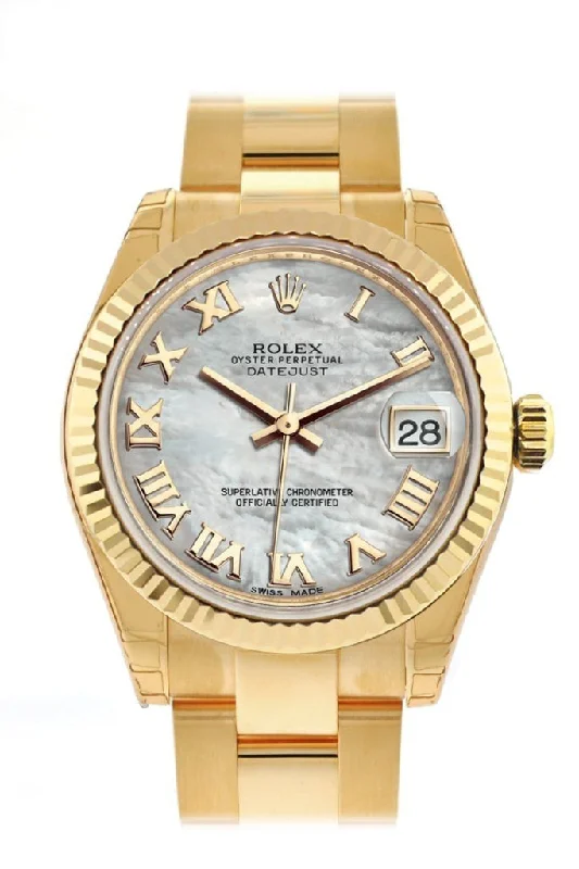 Rolex Datejust 31 White Mother of Pearl Roman Dial Fluted Bezel 18K Yellow Gold Ladies Watch 178278 Pre-owned-Rolex Submariner Date Watch