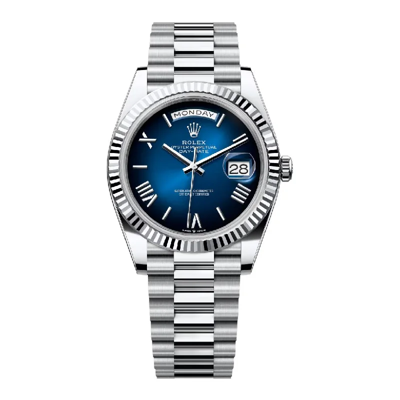 2024 Release Rolex Day-Date 40 mm | Platinum President bracelet | Blue ombré dial Fluted bezel | Men's Watch 228236-Rolex Submariner 114060 No Date Black Dial Watch