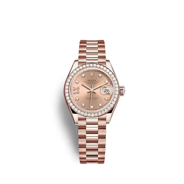 Rolex Lady-Datejust 28mm - Ref: 279135rbr-0029 - Rose Diamond Dial & Diamond Bezel, 18K Rose Gold Presidential Bracelet Women's Watch-Rolex GMT-Master II Pepsi Bezel Watch